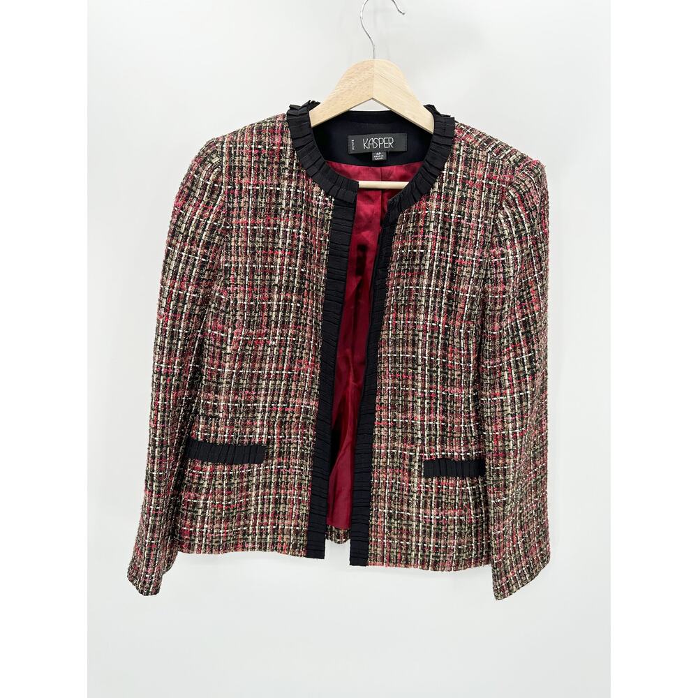 KASPER Womens Red Black Tweed Blazer Jacket Size‎ 4P Career Office Business